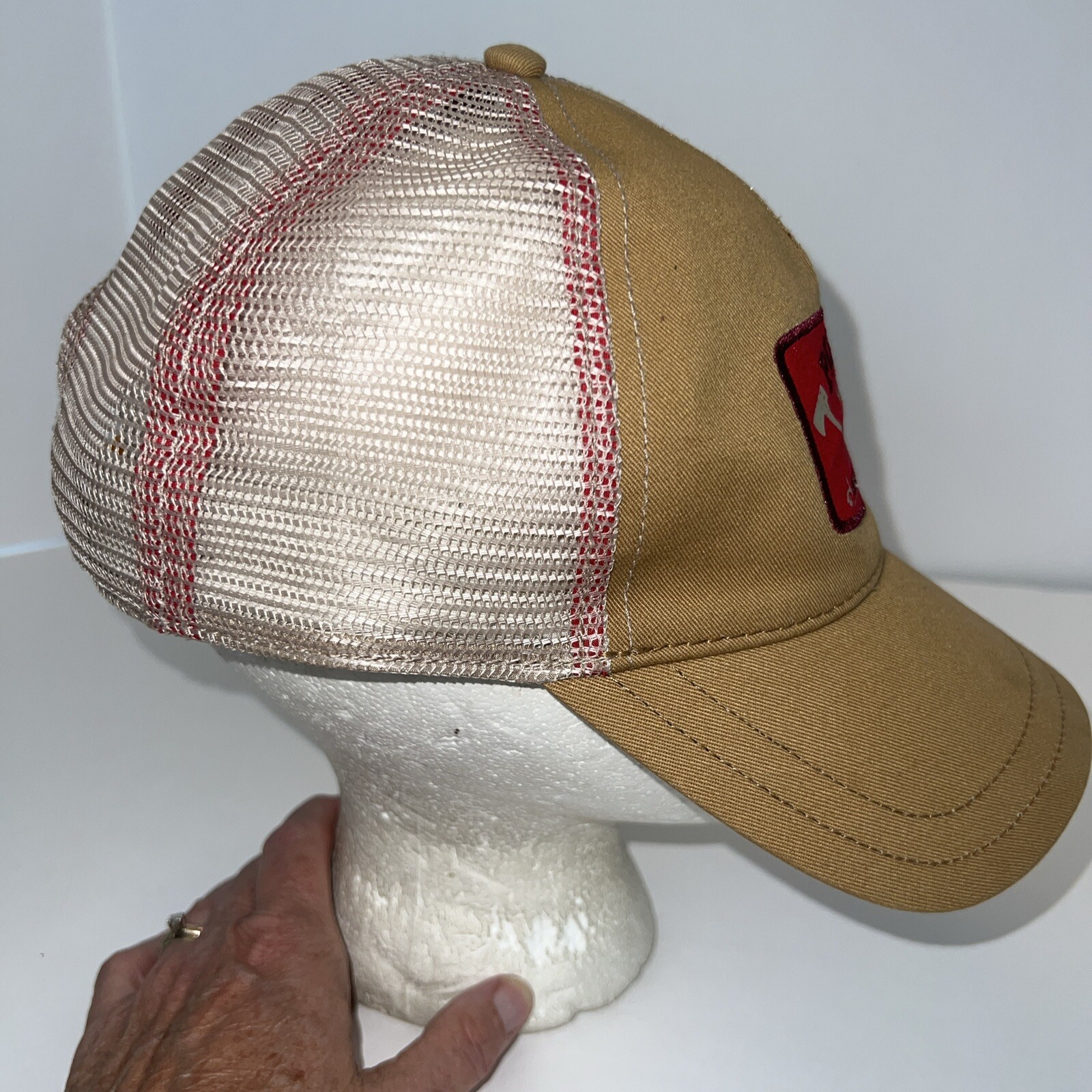 PISTIL Built 03 Hood River ORE Hat Cap Trucker with Gold fabric, Tan Mesh Red