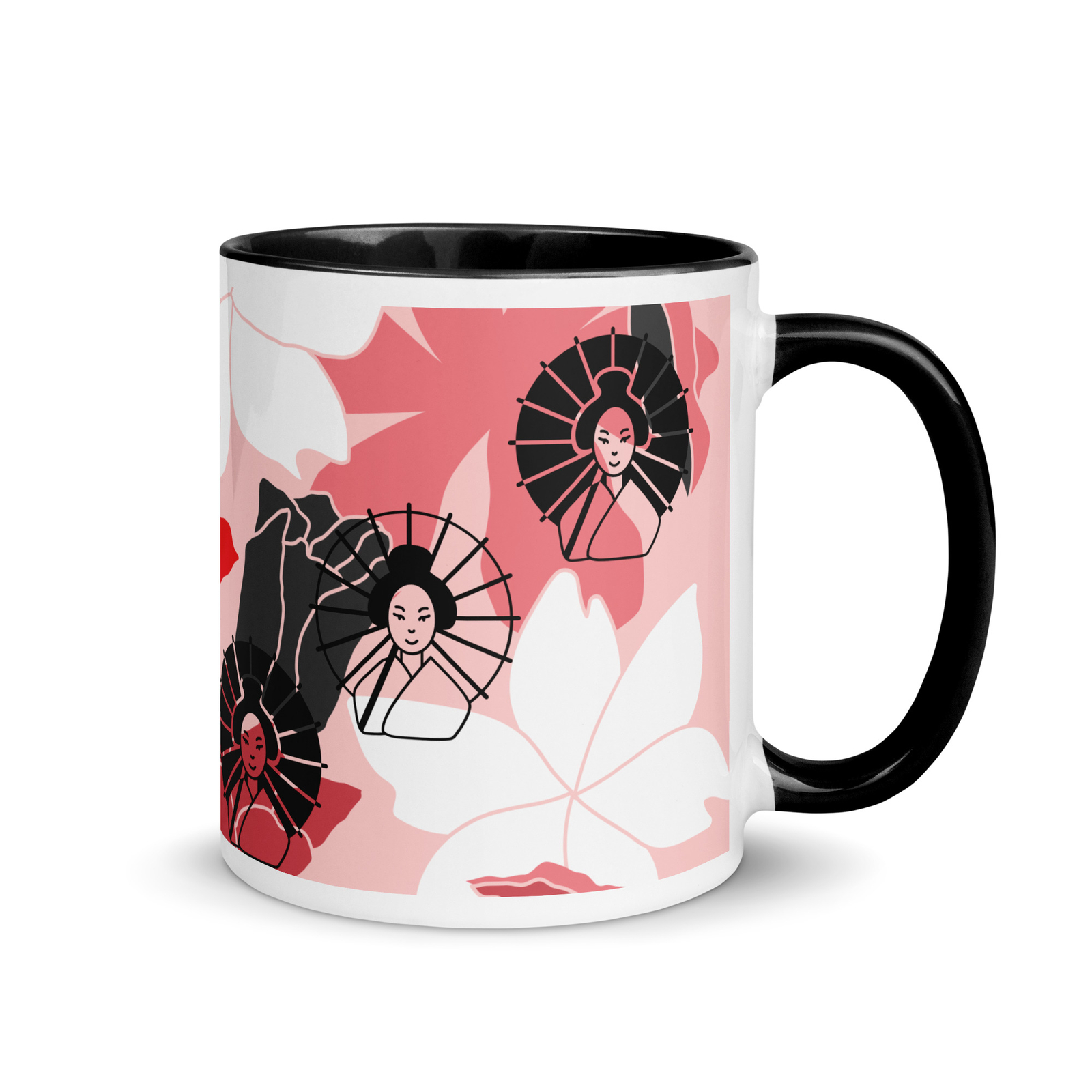 Geisha with Pink & Red Flowers, Mug with Color Inside