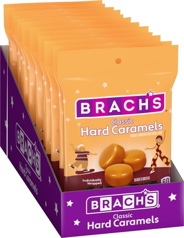 Brach's Nips Caramel Hard Candy, 12 Pack 3.25oz Bags, Individually Wrapped.