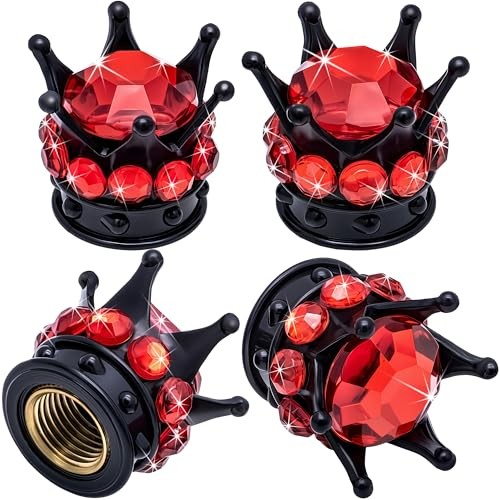 4PCS Crown Bling Tire Stem Valve Caps, Crystal Diamond Car Wheel Black & Red