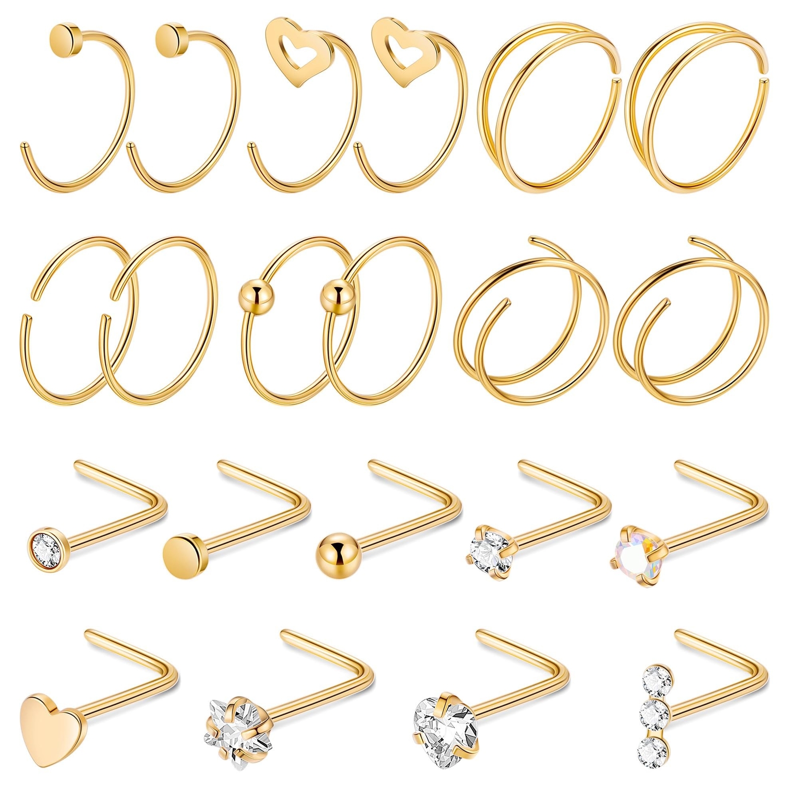 21PCS 22G 316L Stainless Steel Nose Rings Hoops for Women Men CZ L Shaped Nos...