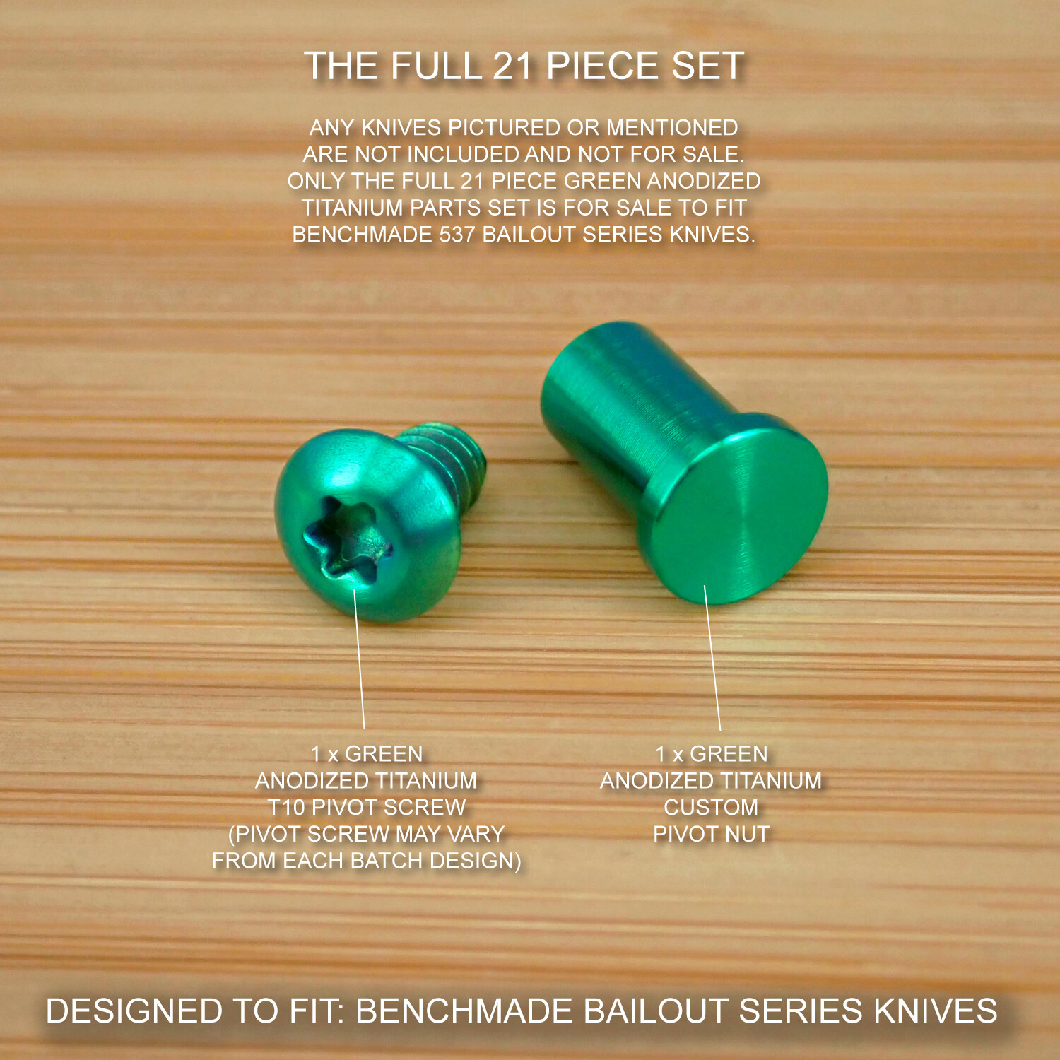 Benchmade 537 BAILOUT 21pc GREEN Titanium Screw Pivot Standoff Pin ThumbStud Set