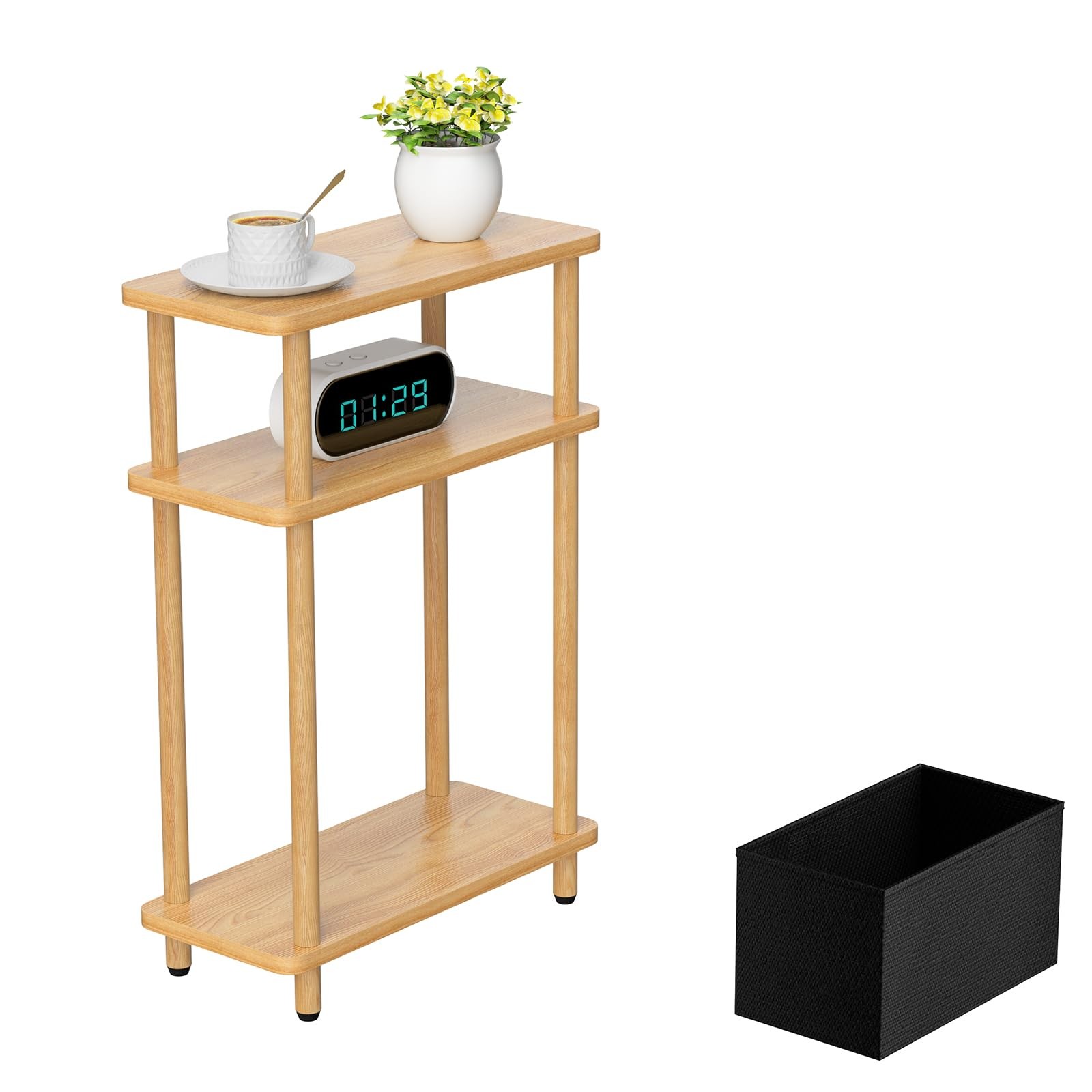 Narrow Side Table with Fabric Basket, 7 Wide, 3 Tier Skinny End Table with Wo...