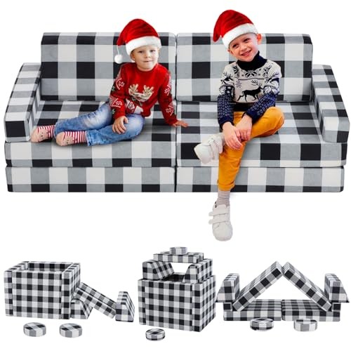 10 Pc Black & White Kids Couch, Buffalo Check Toddler Sofa, Black and White