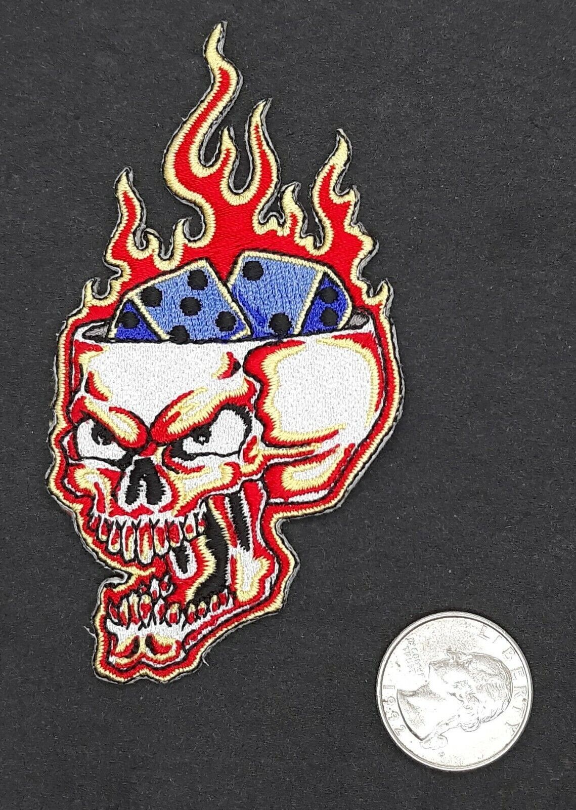 Gamblers Skull With Flaming Dice Sew-On Iron-On Embroidered Patch 2 1/4" X 4"