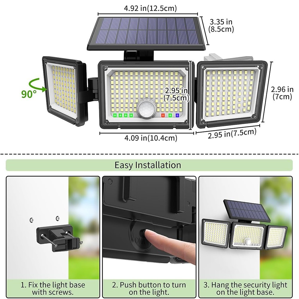 2 Pack Solar Security Light Outdoor 3 head 6500K 3000LM LED Motion Sensor IP65