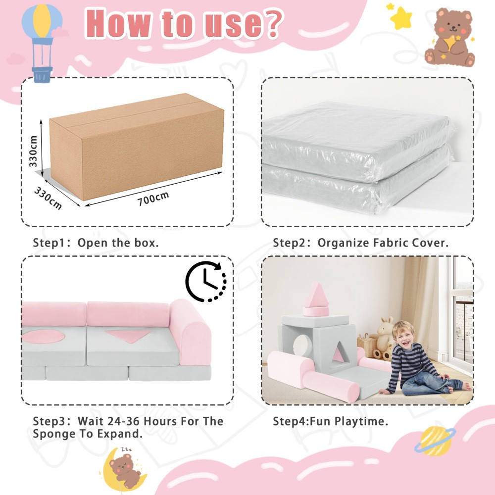 11PCS Modular Toddler Play Couch Sofa Fort Playhouse, Pink+Grey, Washable Covers