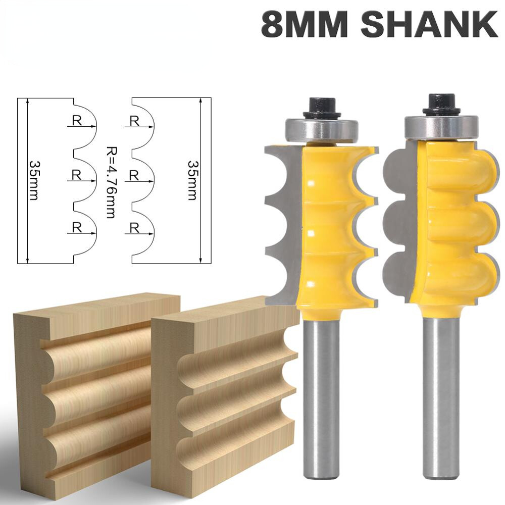 2pcs 8mm Shank Triple Bead & Triple Flute Large Molding Router Bits Set Cutter