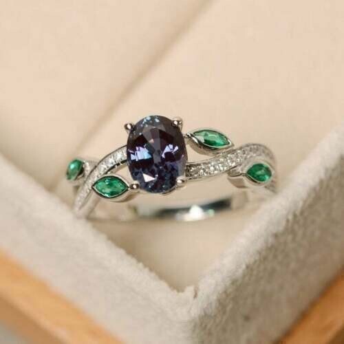 Lab-Created 3.10CT Oval Cut Blue Alexandrite Engagement Ring 925 Sterling Silver