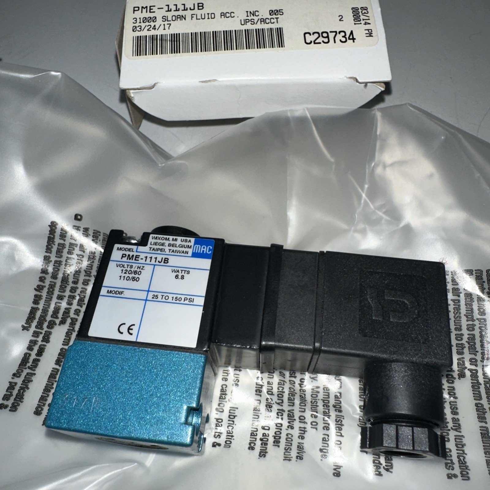 NEW IN BOX MAC solenoid valve PME-111JB 31000 SLOAN FLUID ACC.
