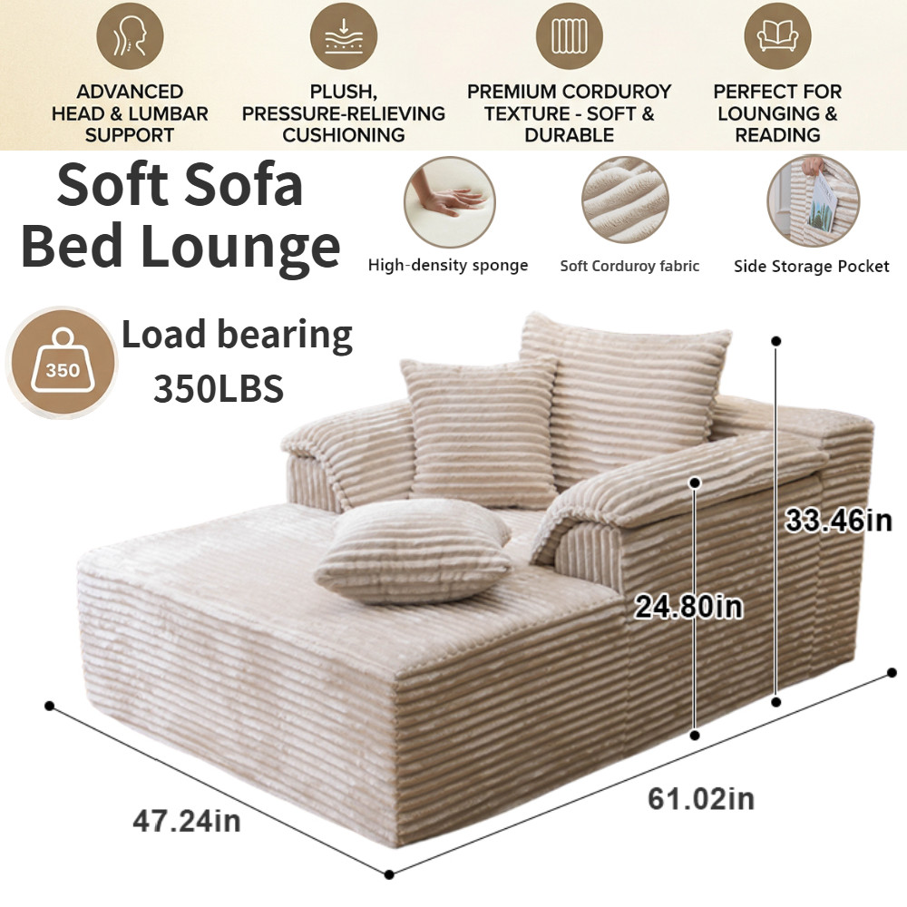 61" Oversized Boneless Chaise Lounge Sofa Bed Sleeper Chair Corduroy Cloud Couch