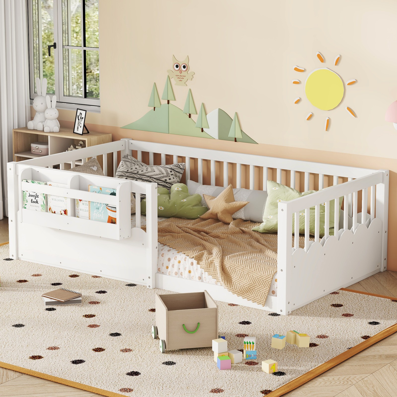 Twin Floor Bed with Heightened Fence Bookshelf Wood Floor Bed for Kids White