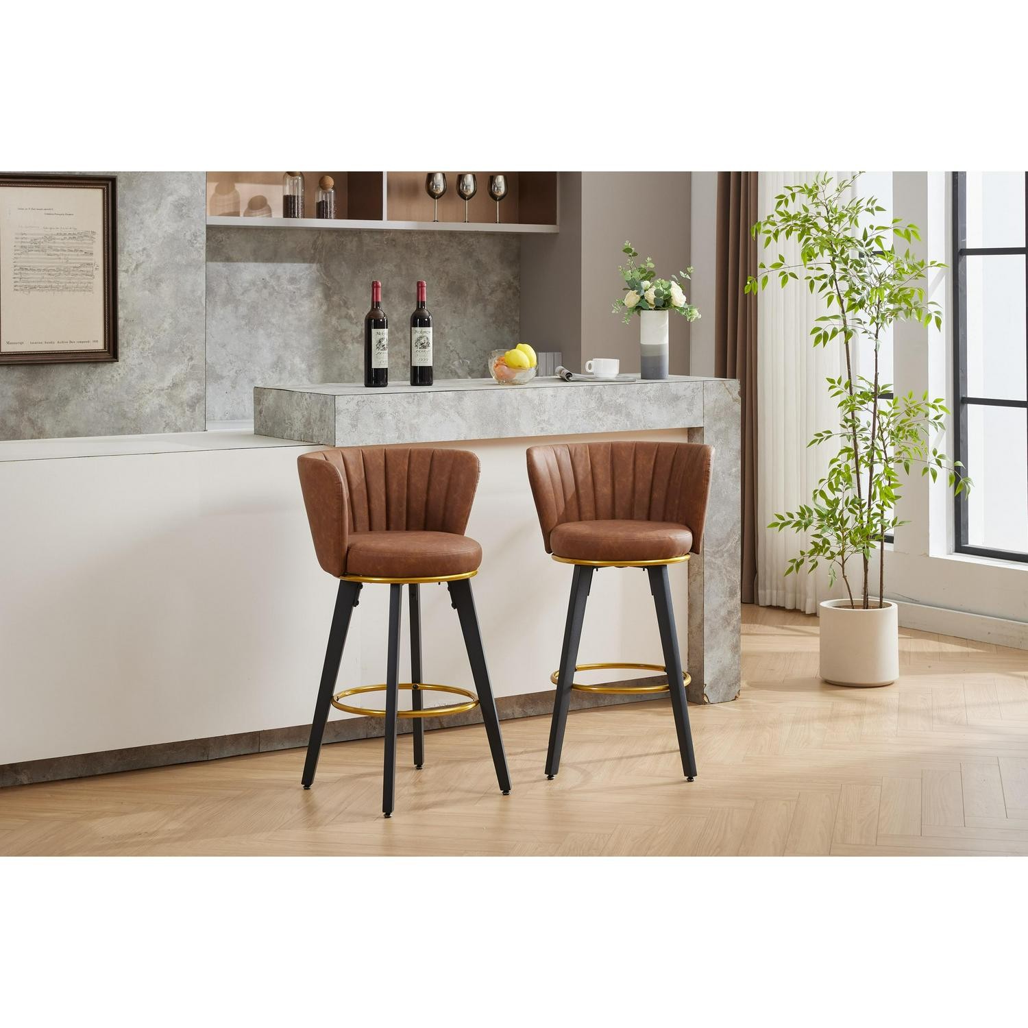Ostweer Furniture Set Of 2 26 H 360 Swivel Upholstered Barstools - Beige