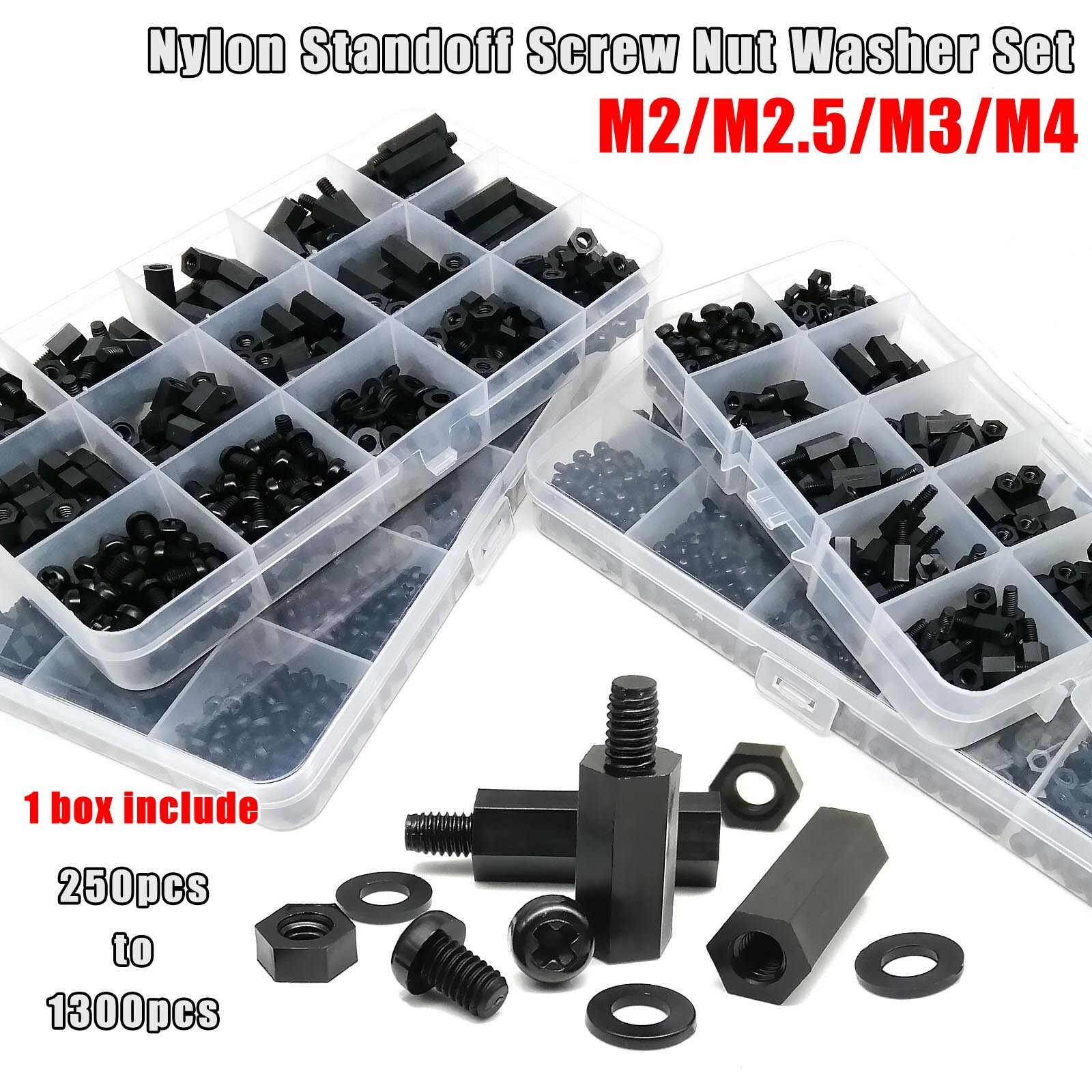 M2M3M4 Plastic Nylon Hex Hexagon Spacer Column Standoff Screw Nut Washer Kit Box