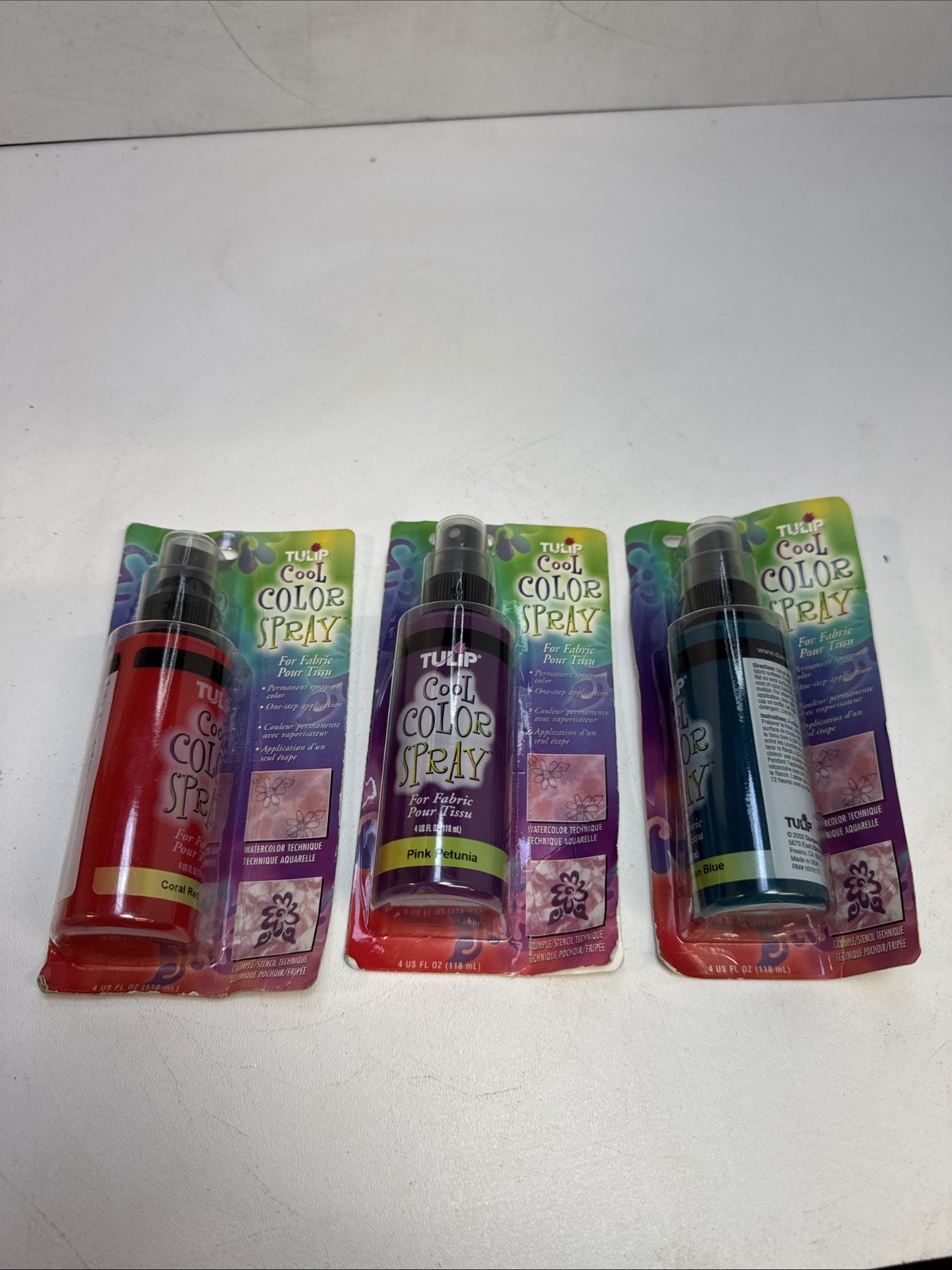 Lot of 3 Tulip Cool Color Spray For Fabric 4 OZ! Caribbean Blue Red Pink NOS USA