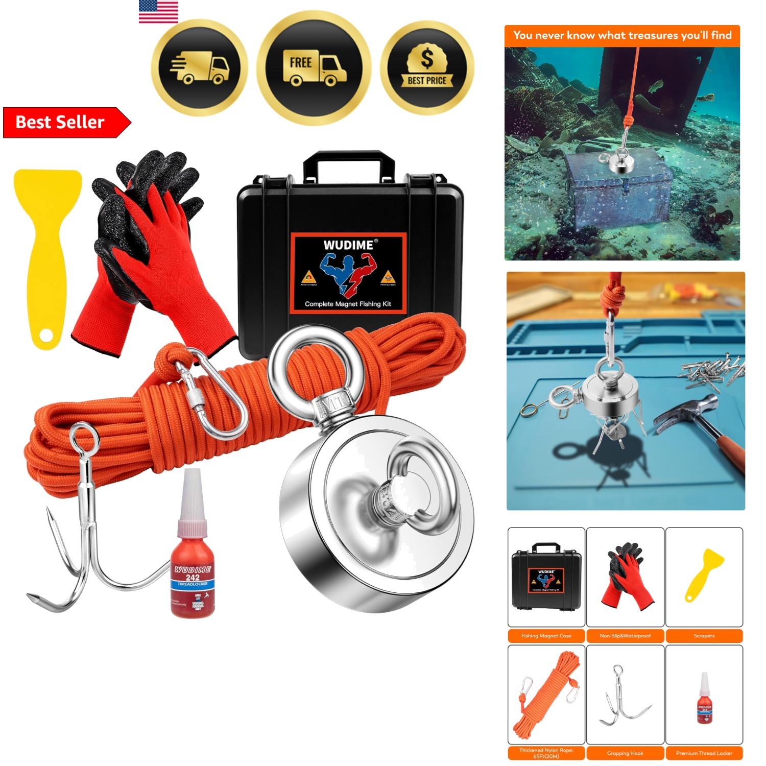Magnet Fishing Kit 1000 Lbs Pulling Force Magnet Rope Gloves Carabiner Hooks