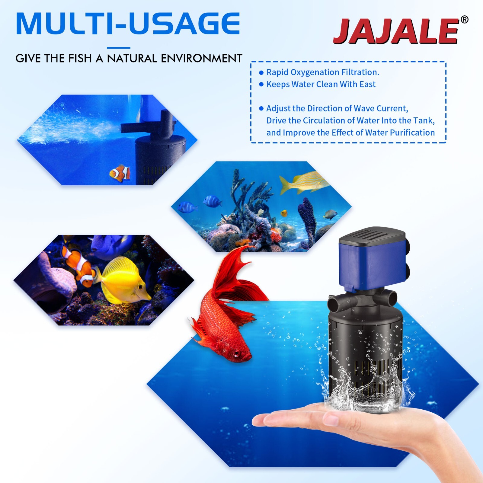 3in1 Aquarium Internal Filter Water Pump Oxygen 210 GPH 1pc.