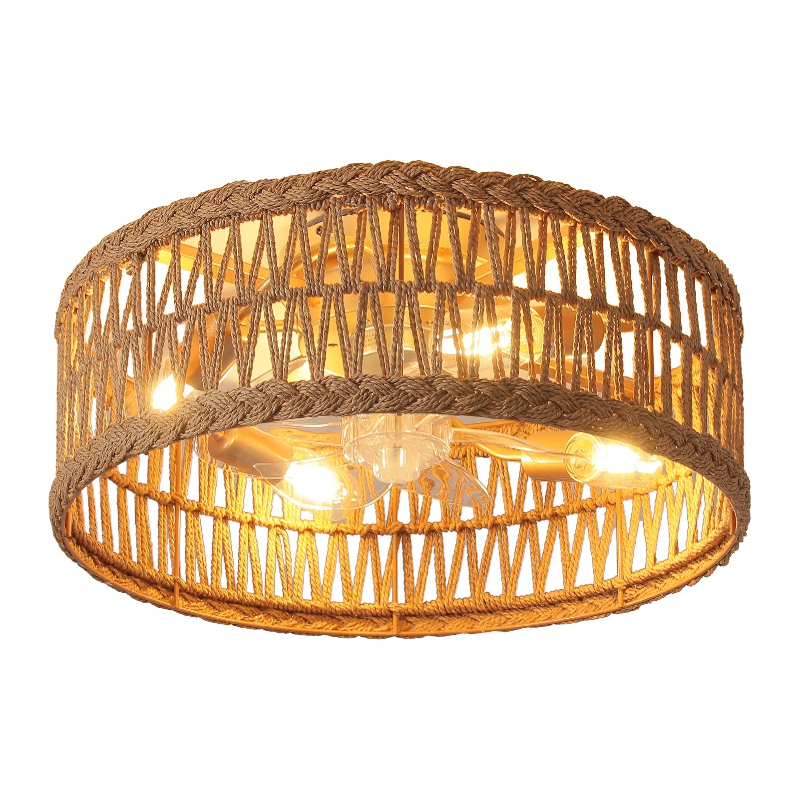 20" Boho Rattan Ceiling Fan with Light, Flush Mount Caged Fandelier