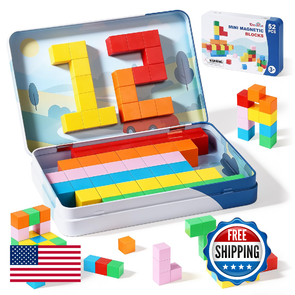52 PCS Magnetic Blocks with Metal Box, 0.8in Mini Building Cubes Protable Travel