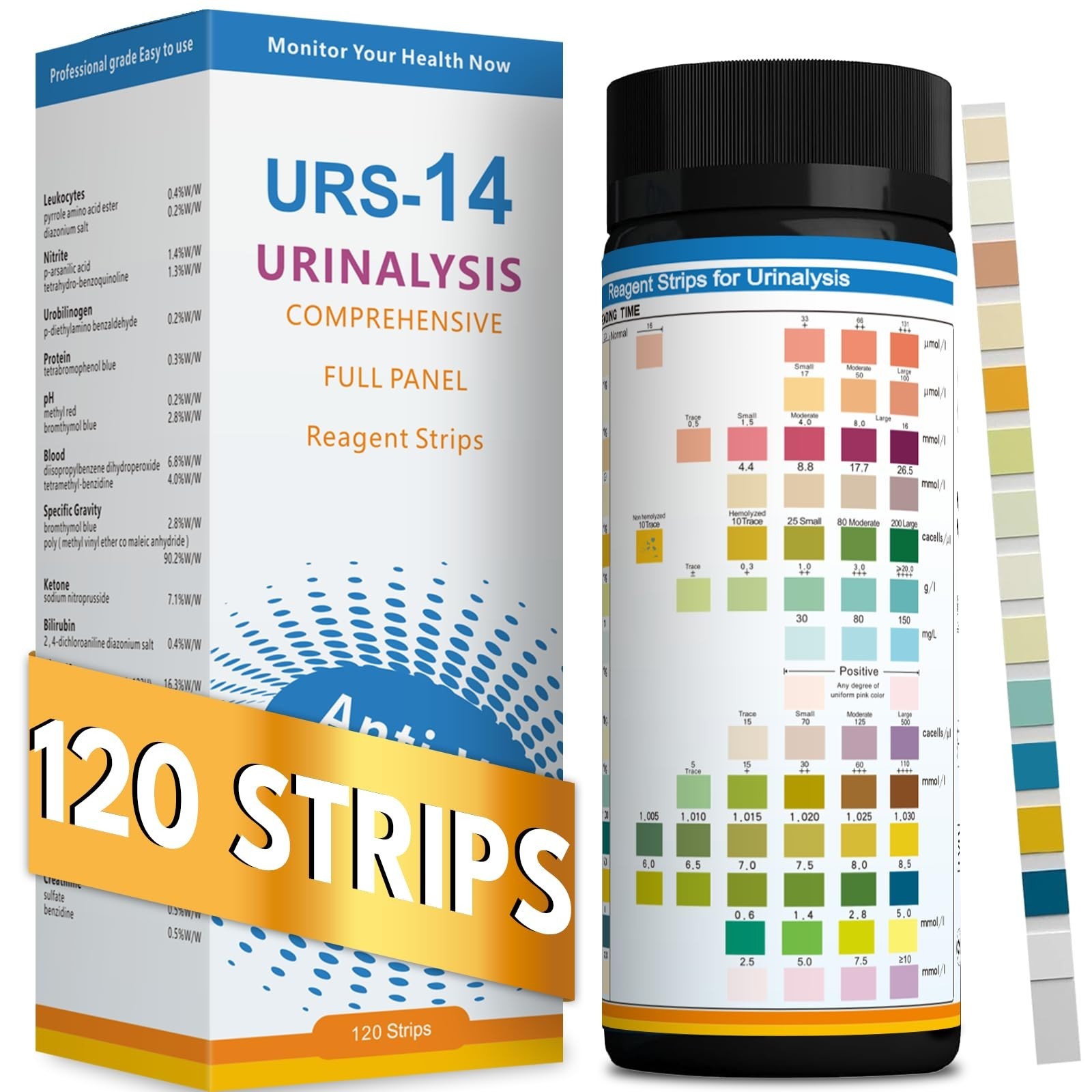 Comprehensive 14-URS Urinalysis Test Strips [120 ct] for UTI, LEK, Pro, Ket - Fa
