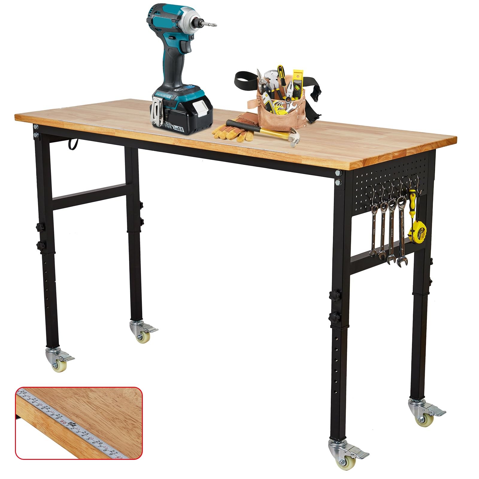 70" Adjustable Height Workbench&Wheels,2000 lb Rubber Wood Top,Power Outlets