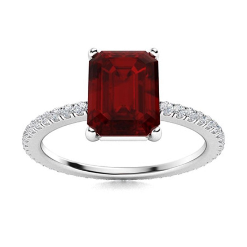 8x6mm Emerald Cut Garnet Ring 925 Sterling Silver Solitaire with Accents Ring