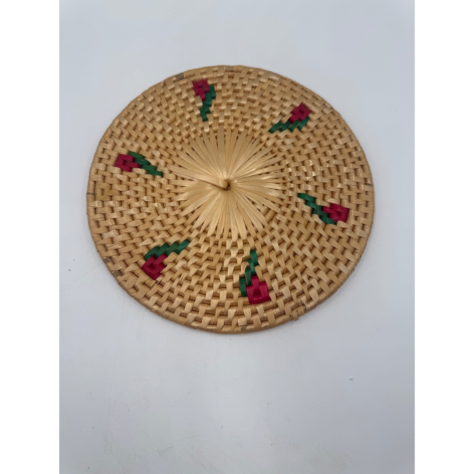 Vintage Woven Straw Trivet Floral Embroidered Boho Wall Decor Natural Tan 7 Inch