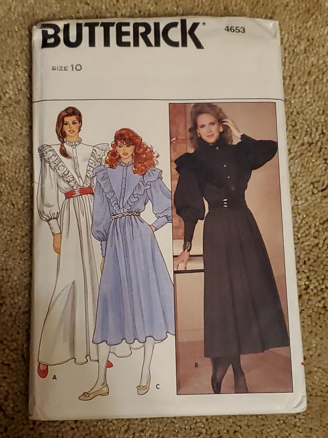 1980's Butterick Dress Pattern 4653 Sz 10 Ruffles w/ Long Cuff Puff Sleeves FF