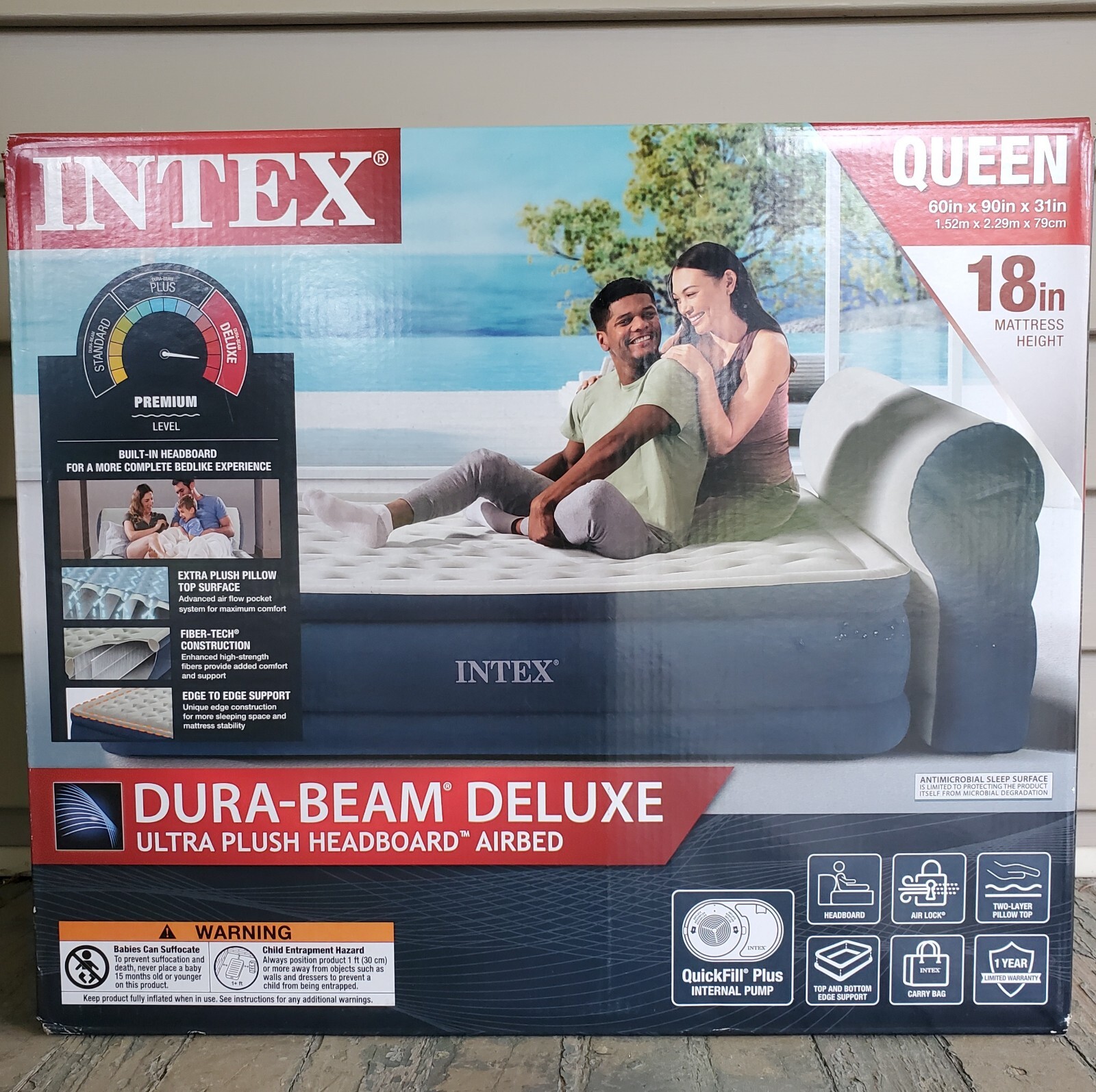 Intex Dura-Beam Deluxe Ultra Plush Headboard w Built-in Pump 18 in Queen Bed Air