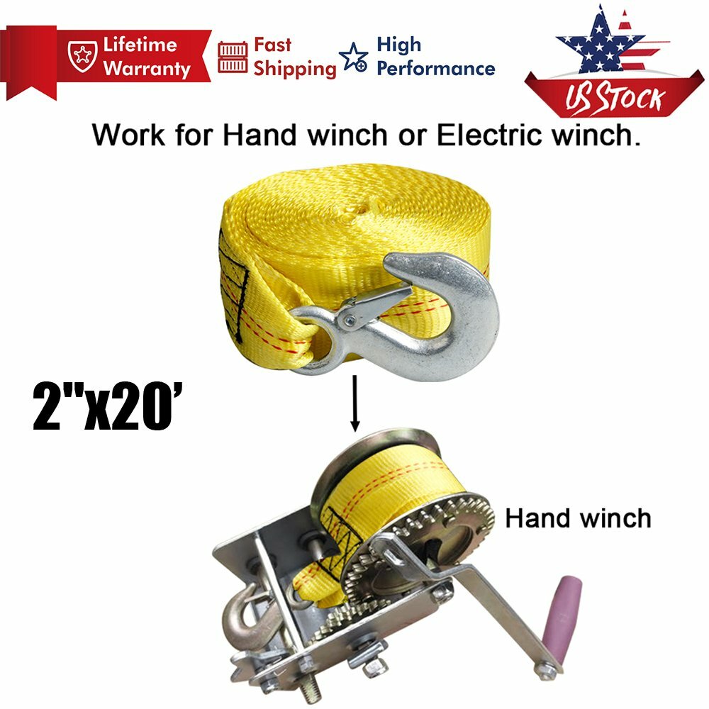 2" x 20ft Heavy Duty Tow Trailer Winch Strap Rope Breaking Strength 10000lbs
