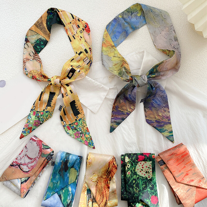 Women Printed Scarf Silk Long Ribbon Wrap Tied Bag Handle Hair Wrist Tie Scarves