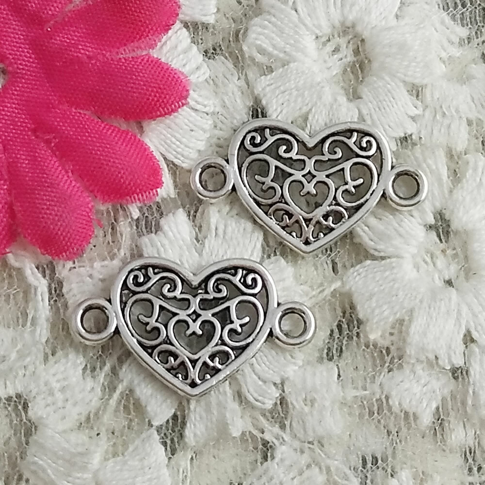 Free Ship 120 Pcs Antique Silver Heart Connectors 21X12MM H-5177