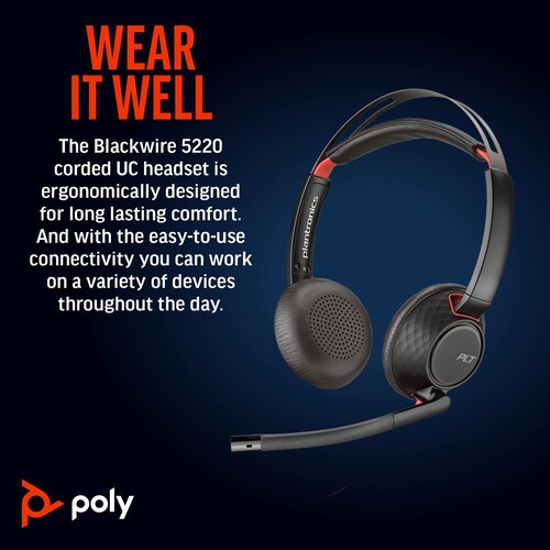 Poly Blackwire 5220 Stereo USB-C Headset with USB-C to USB-A Adapter Bundle