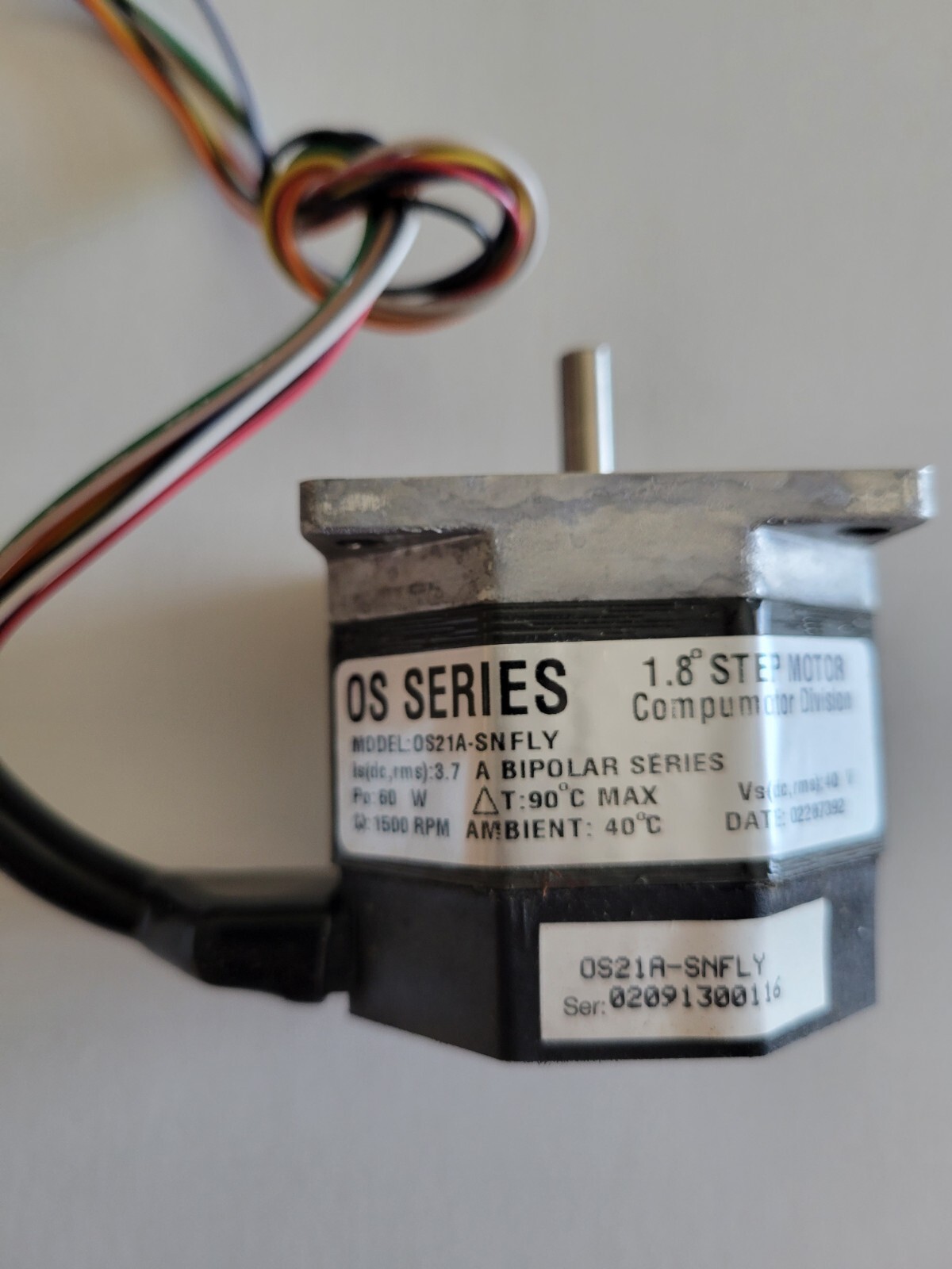 OS21A-SNFLY Compumotor Stepper Motor, Shaft: 0.25", 1.8 degree step, 1,500RPM