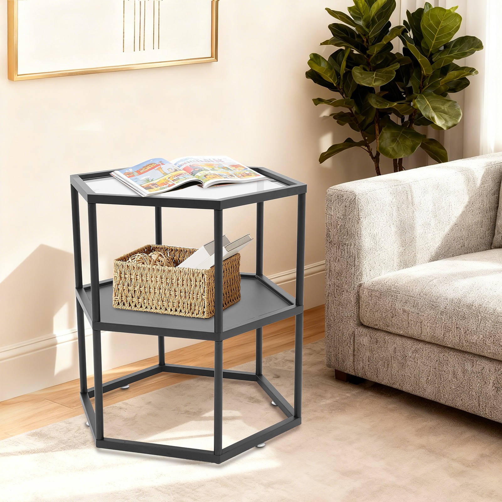 Modern Side Table, Hexagonal Side Table, Iron Side Table with 2-Tier Storage She