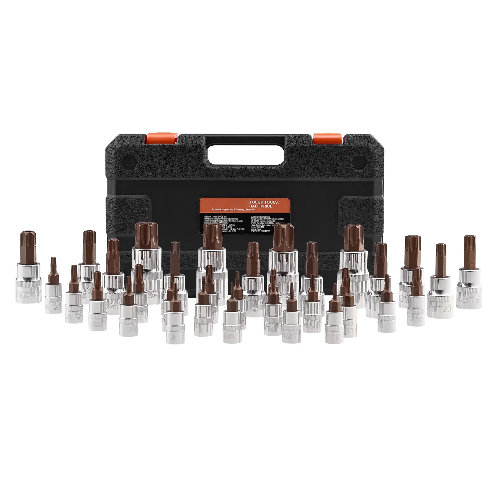 34-Piece Torx Socket Set with Solid and Tamper-Resistant Bits, T6-T70, S2 Steel