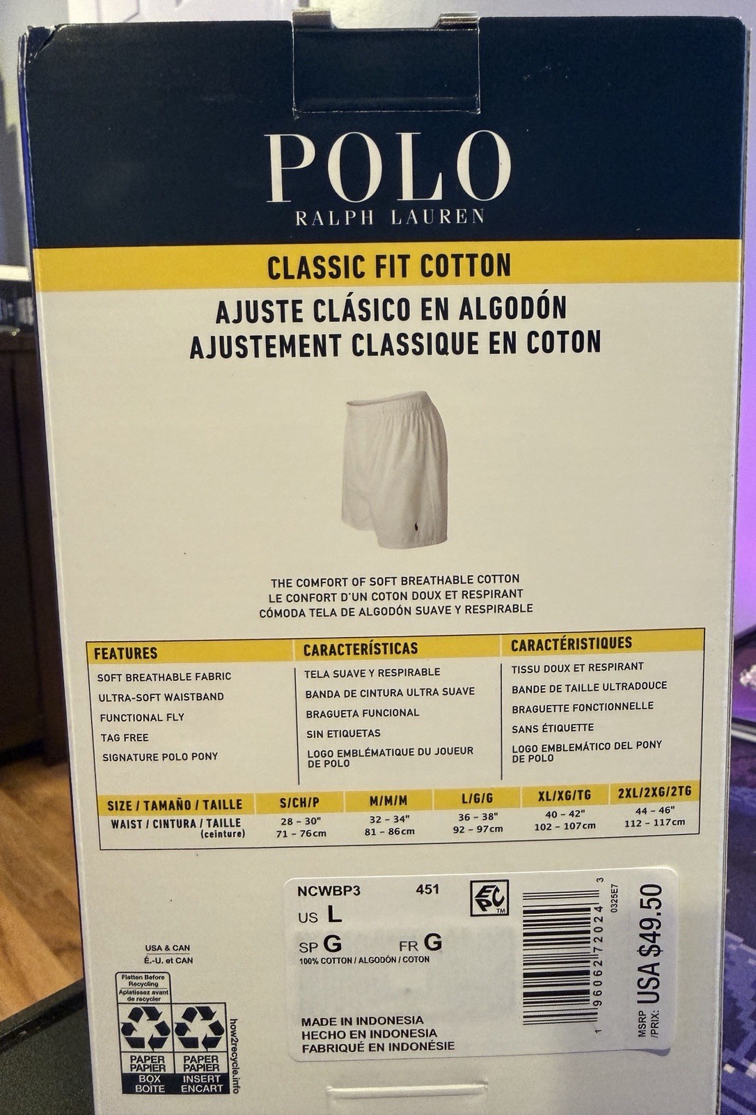 Men’s Polo Ralph Lauren Classic Fit Woven Boxers 3 Pack 100% Cotton Size Large