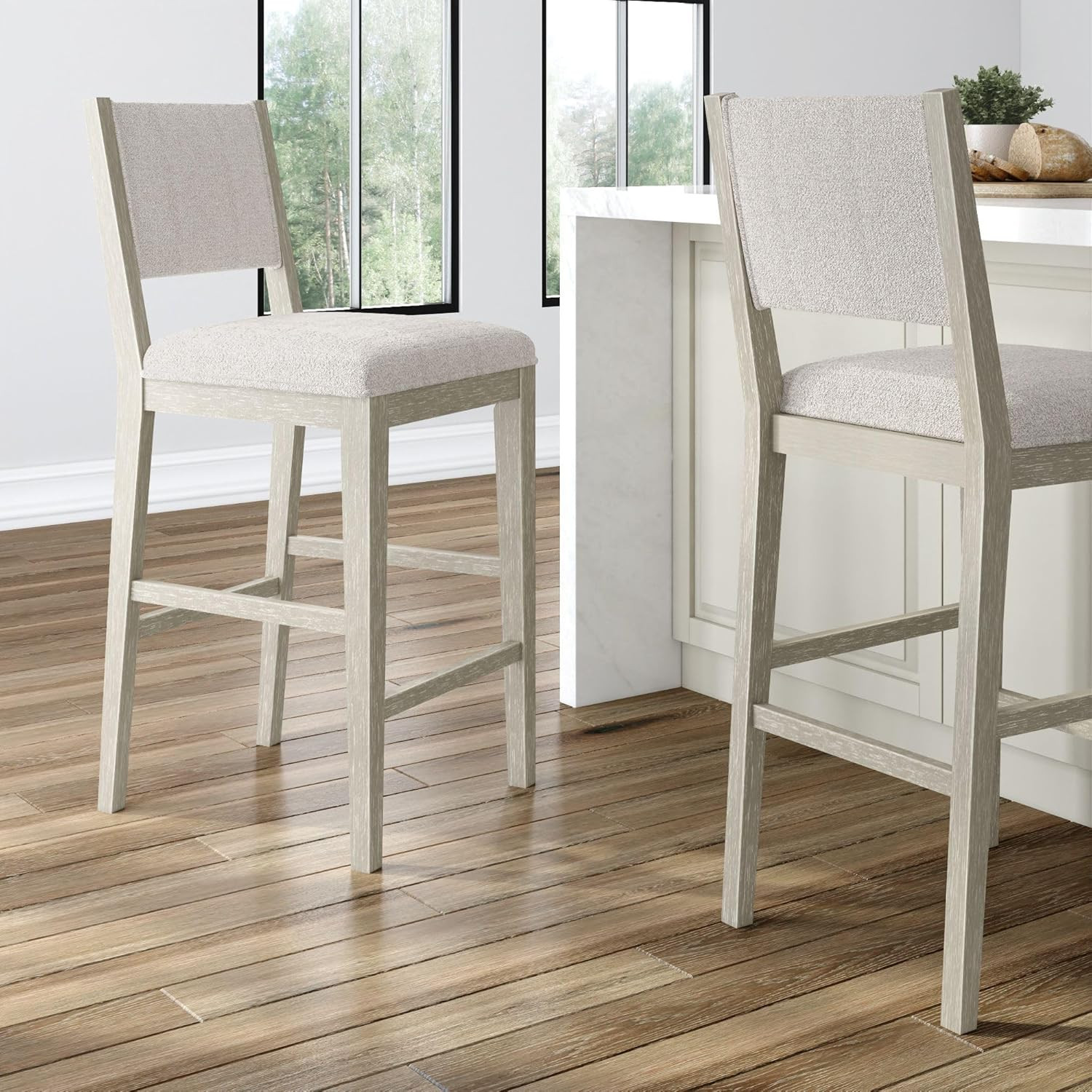 Set of 2 Antique White 30" Wood Bar Stools with Cushioned Back, Ivory