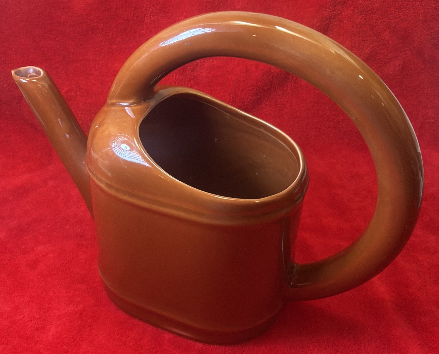 MCM brown ceramic circular handle decorative planter Watering Can 9"h., 11 1/2"w