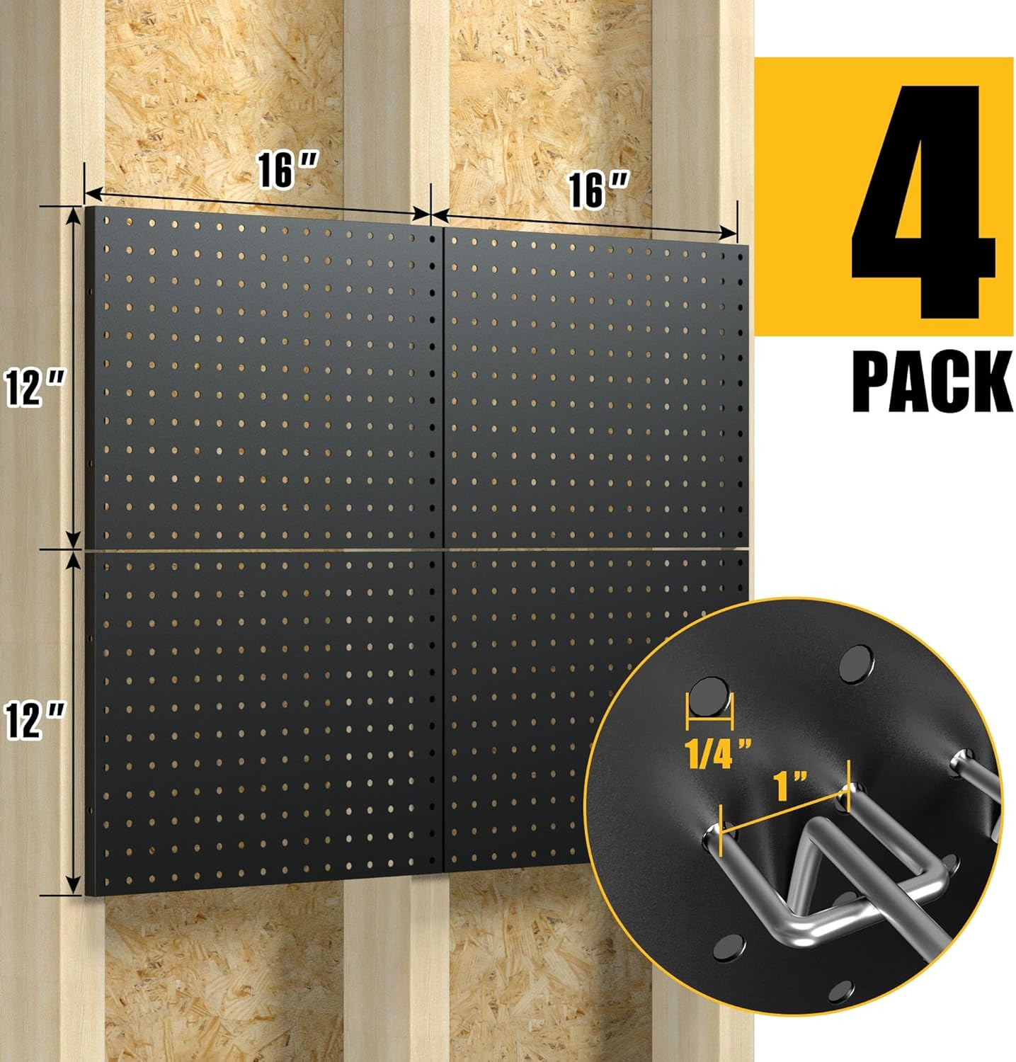 Peg Board, 4 Pack Metal Pegboard Panels with 50 Hooks, Black Pegboards Wall Orga