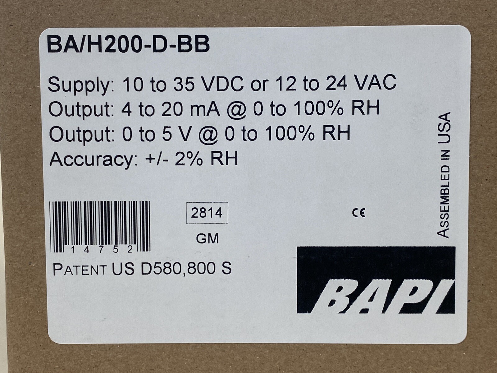 BAPI BA/H200-D-BB RELATIVE HUMIDITY DUCT SENSOR / TRANSMITTER NEW IN BOX