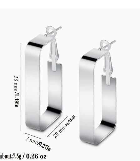 NEW MEDIUM LARGE RECTANGLE HOOP EARRINGS SILVER LEVER BACK LIGHTWEIGHT 1.5"