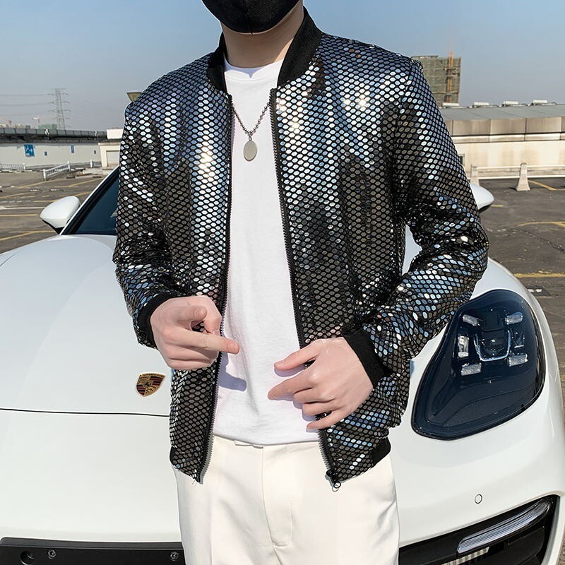 Black Sequined Zip Up Bomber Jacket Men's Club DJ Host Performance Outerwear