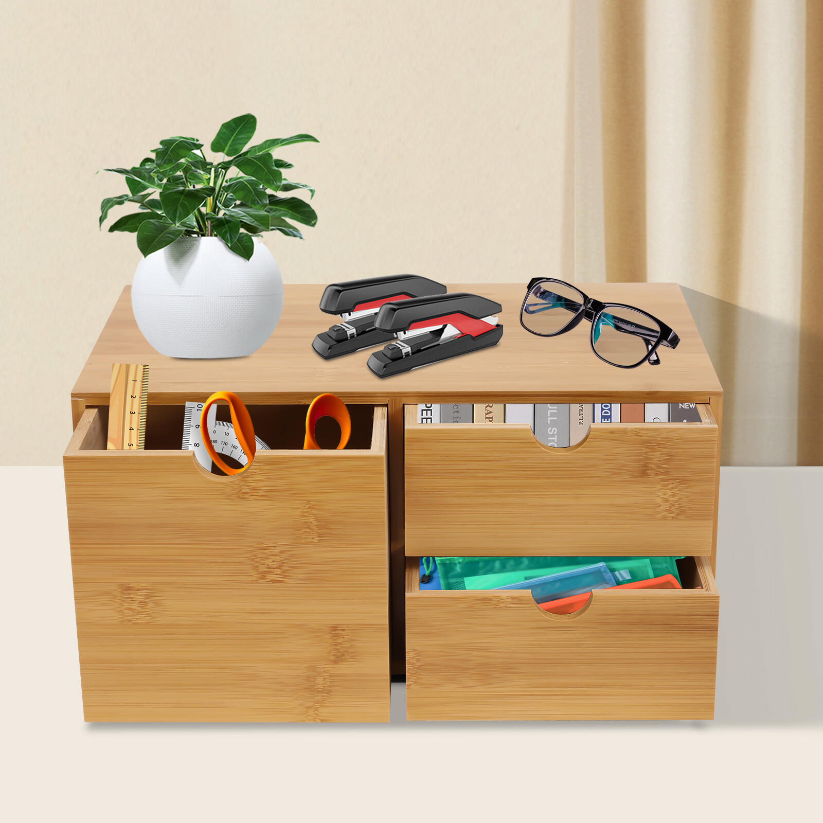 Office Desk Organizer Drawers Desktop Storage Bamboo Box Storage Recess Handle