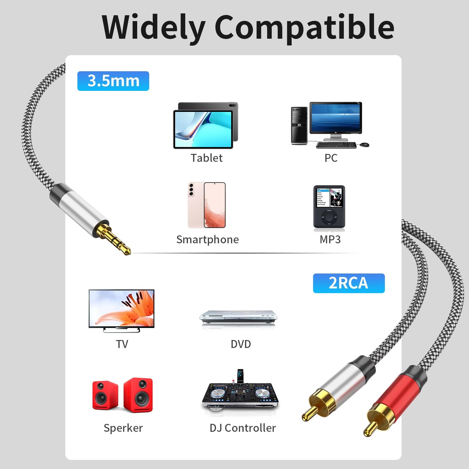 PPTVC 3.5mm to 2RCA Audio Cable 3ft, 3 ft,