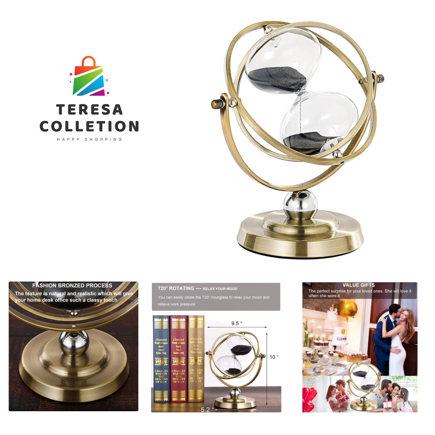 Large Brass Hourglass Timer 60 Minutes, Antique Rotating Black Sand Clock, Vi...
