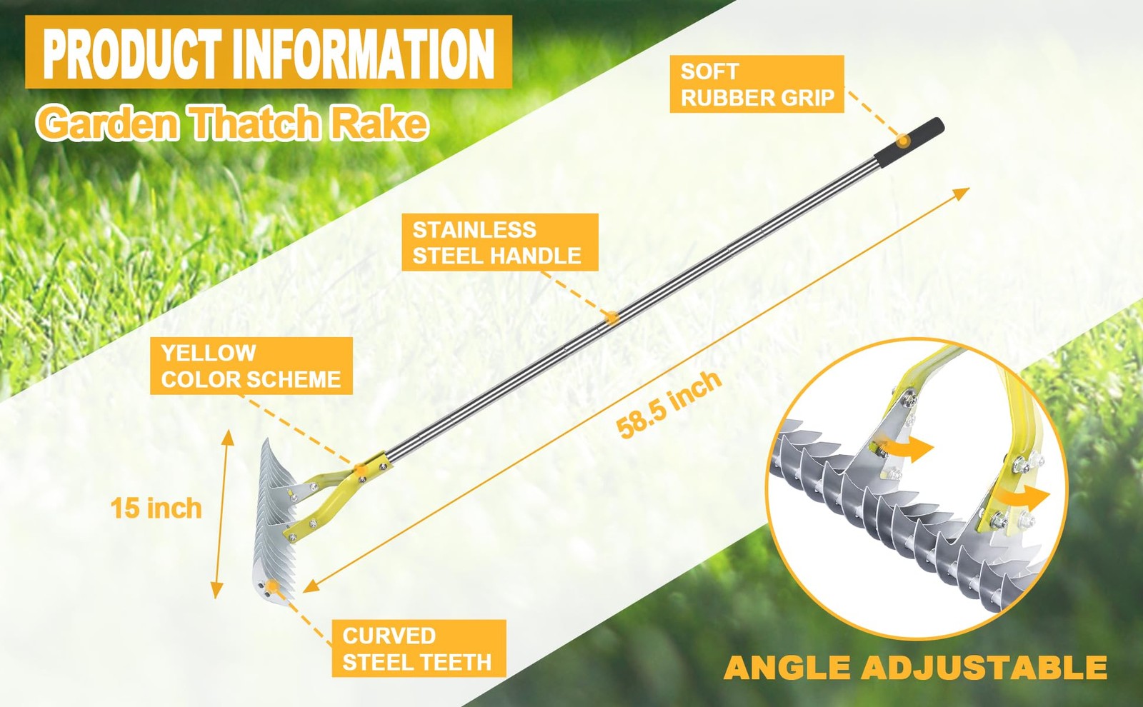 Thatch Rake Dethatcher - 15-Inch Wide Lawn Rake for Dead Grass Removal, Stain...
