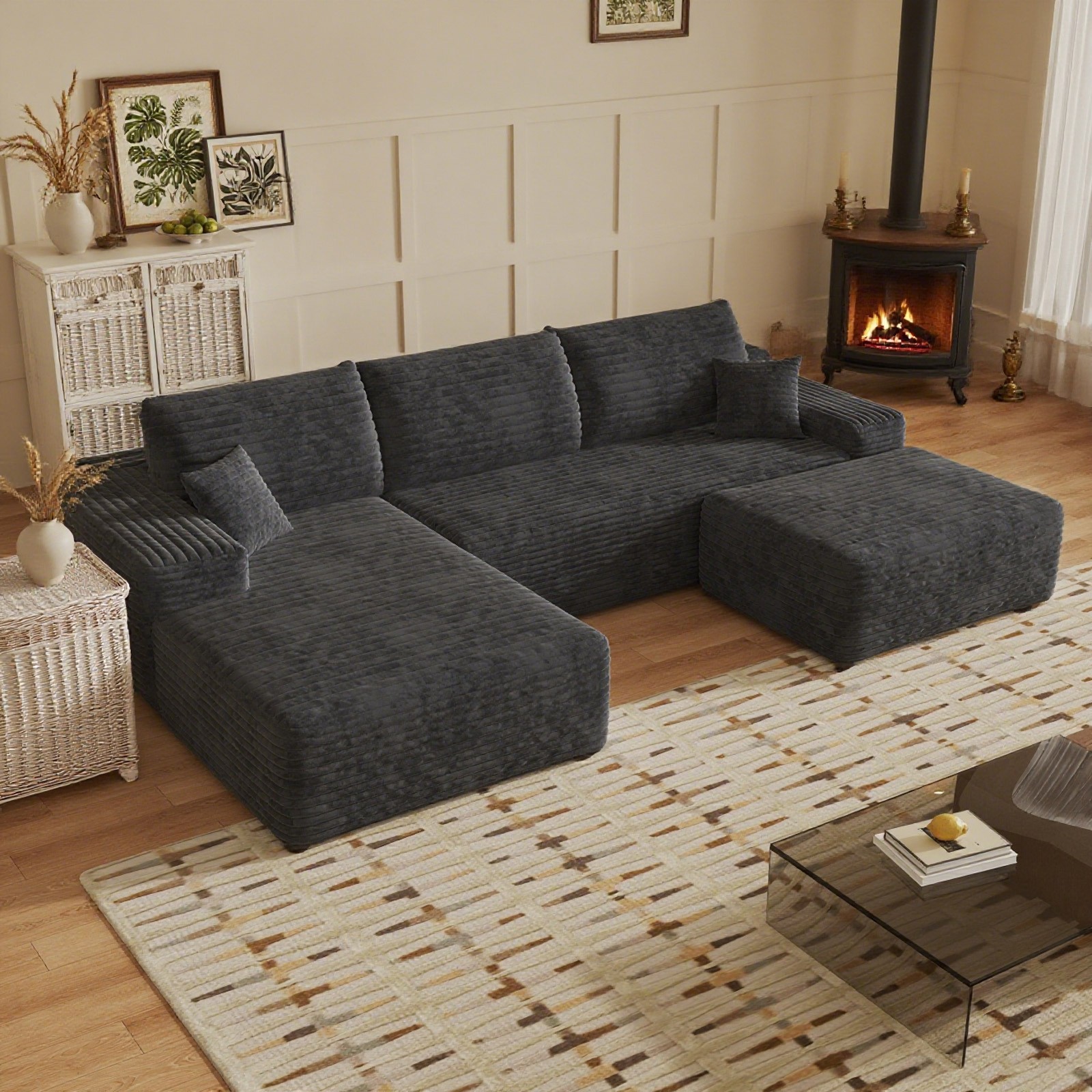 107"Boneless Couch Cloud Sectional Corduroy Sofa Left Facing Chaise with Ottoman