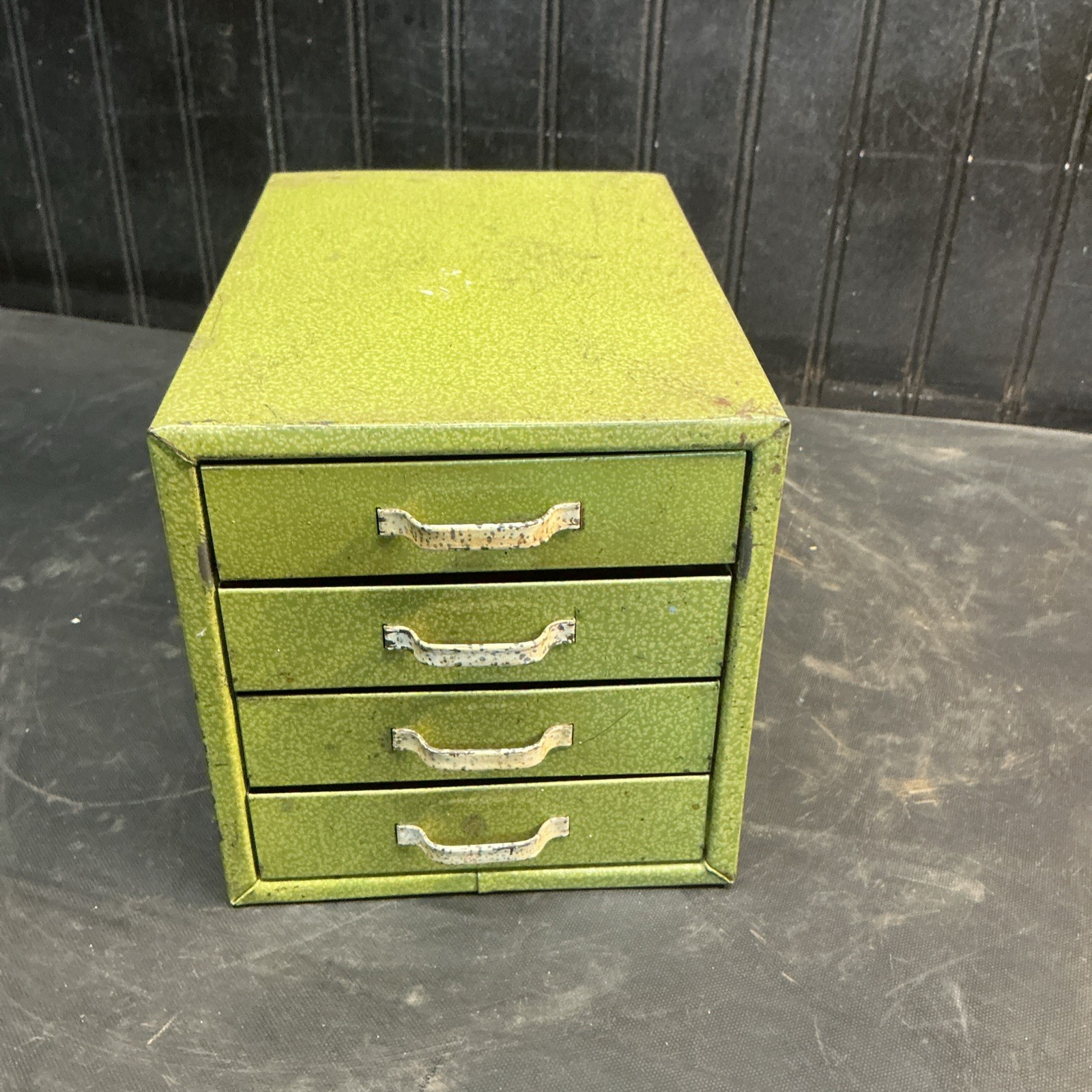 Vtg  Metal 4-Drawer Watchmaker Cabinet Parts Storage Box Size 8inx6inx6.5in