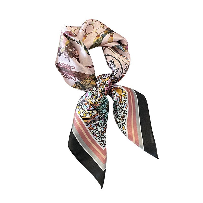 100% Silk Square Scarf Women Vintage Pink Black Kerchief Headscarf Wrap 68*68cm